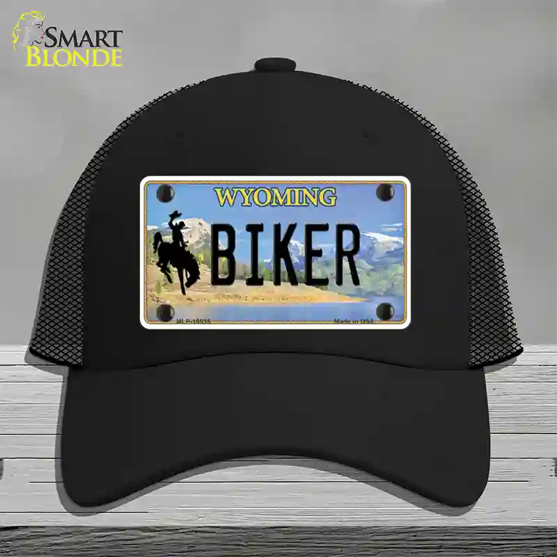 Biker Wyoming Novelty License Plate Hat Mesh / Black