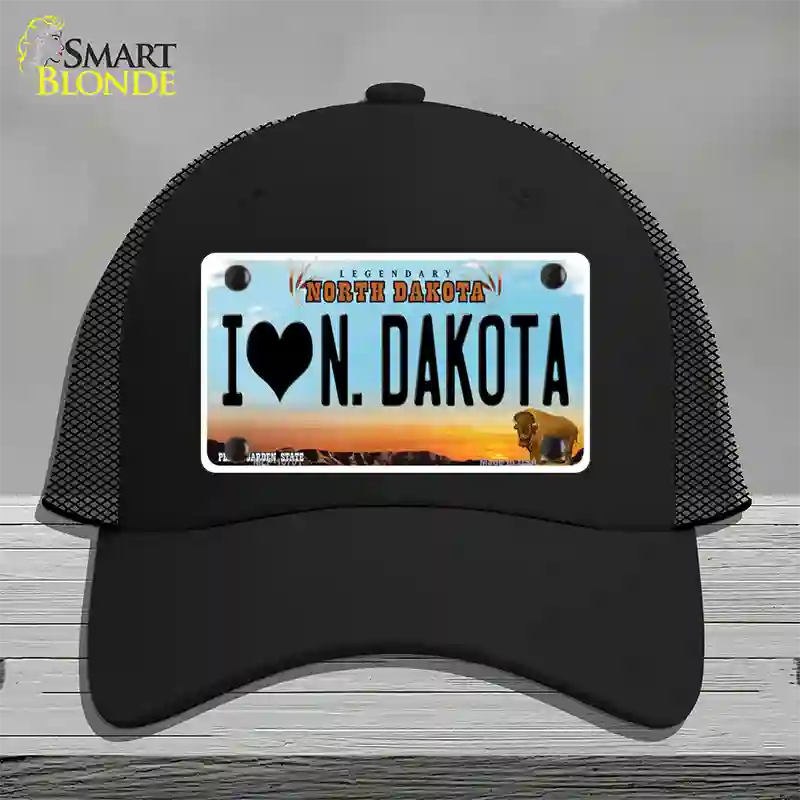 I Love North Dakota Novelty License Plate Hat Mesh / Black