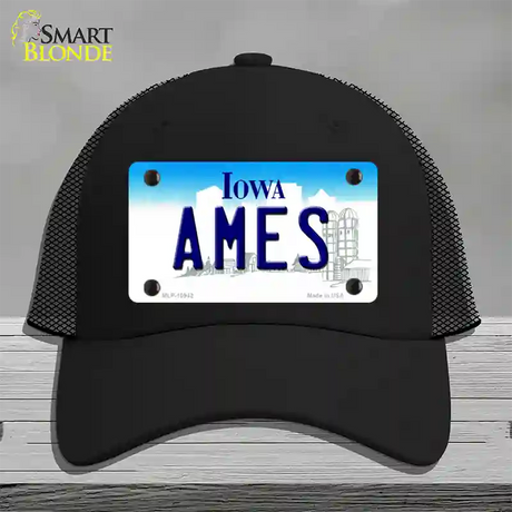 Ames Iowa Novelty License Plate Hat Mesh / Black