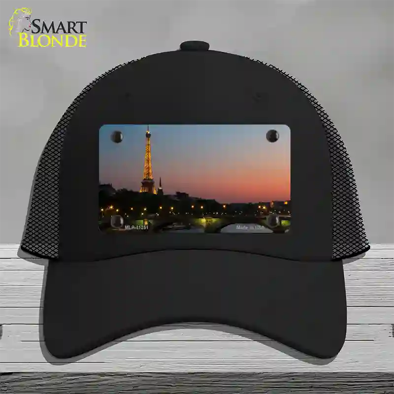 Eiffel Tower Night With River and Bridge Novelty License Plate Hat Mesh / Black