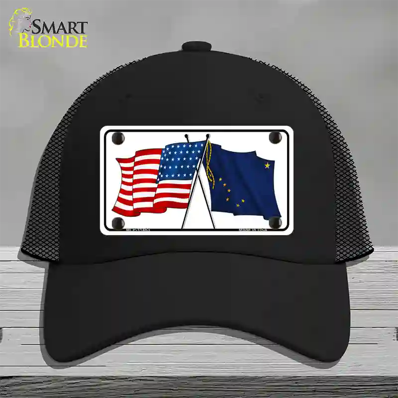 Alaska Crossed US Flag Novelty License Plate Hat Mesh / Black