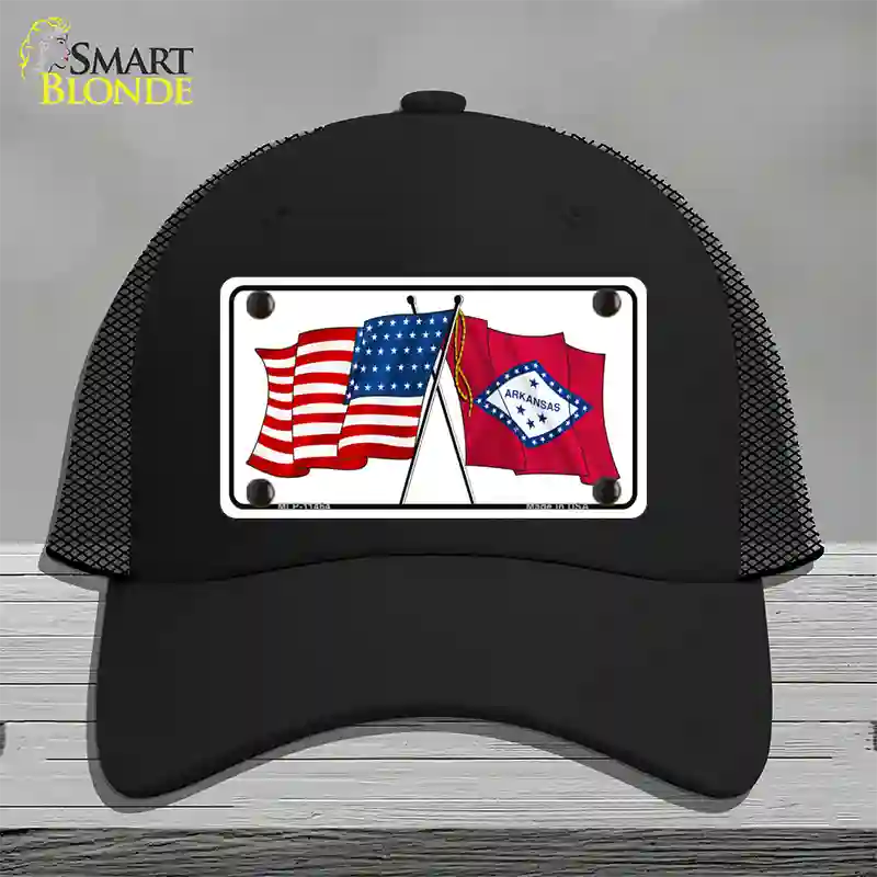 Arkansas Crossed US Flag Novelty License Plate Hat Mesh / Black