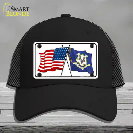 Connecticut Crossed US Flag Novelty License Plate Hat Mesh / Black