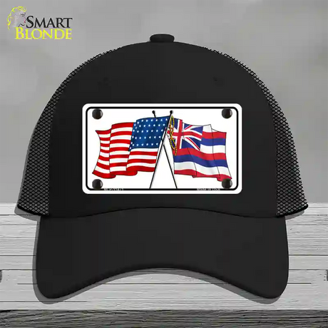 Hawaii Crossed US Flag Novelty License Plate Hat Mesh / Black