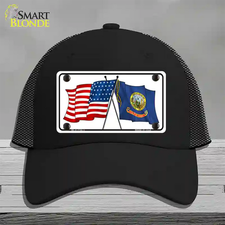 Idaho Crossed US Flag Novelty License Plate Hat Mesh / Black