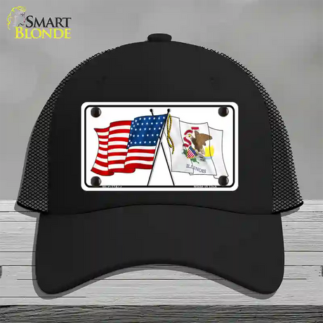 Illinois Crossed US Flag Novelty License Plate Hat Mesh / Black