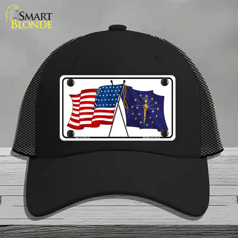 Indiana Crossed US Flag Novelty License Plate Hat Mesh / Black