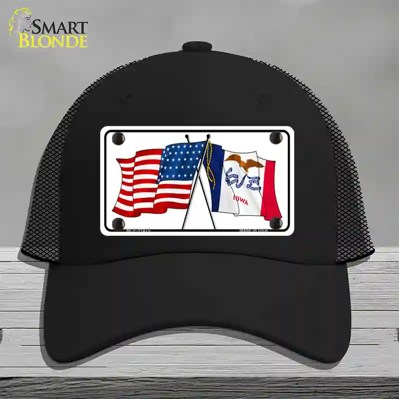 Iowa Crossed US Flag Novelty License Plate Hat Mesh / Black