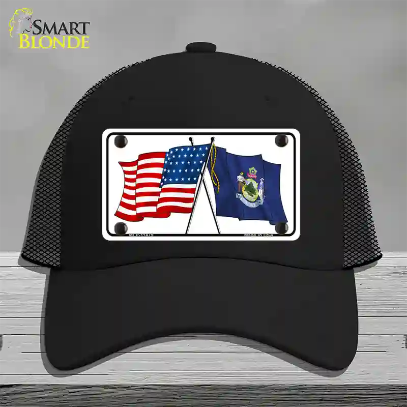 Maine Crossed US Flag Novelty License Plate Hat Mesh / Black