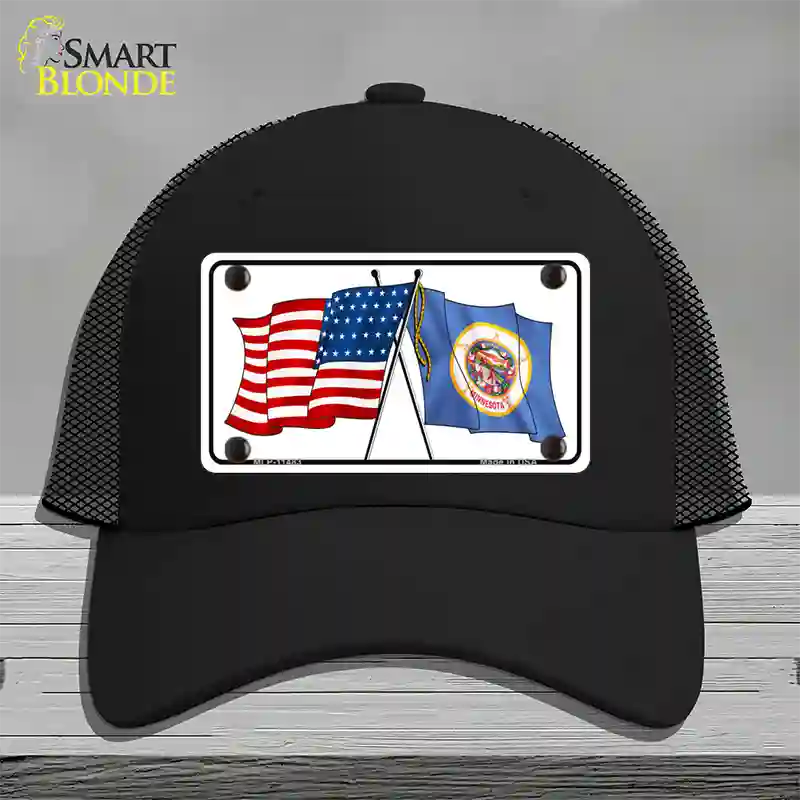 Minnesota Crossed US Flag Novelty License Plate Hat Mesh / Black