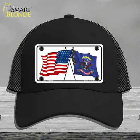 North Dakota Crossed US Flag Novelty License Plate Hat Mesh / Black