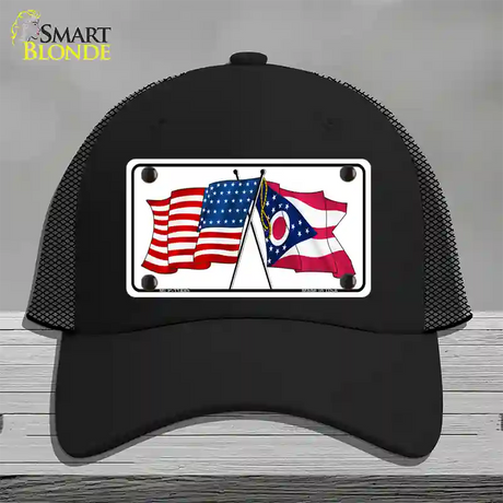 Ohio Crossed US Flag Novelty License Plate Hat Mesh / Black