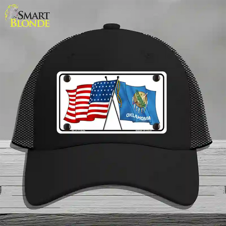 Oklahoma Crossed US Flag Novelty License Plate Hat Mesh / Black