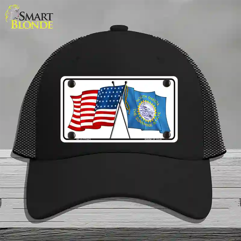 South Dakota Crossed US Flag Novelty License Plate Hat Mesh / Black