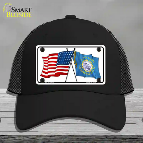 South Dakota Crossed US Flag Novelty License Plate Hat Mesh / Black