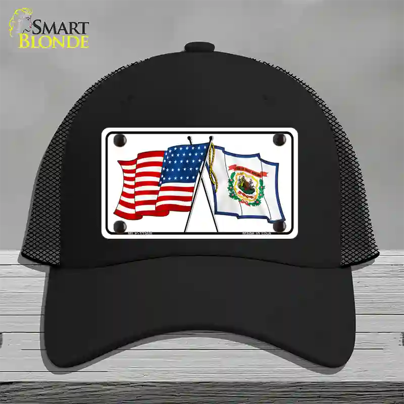 West Virginia Crossed US Flag Novelty License Plate Hat Mesh / Black