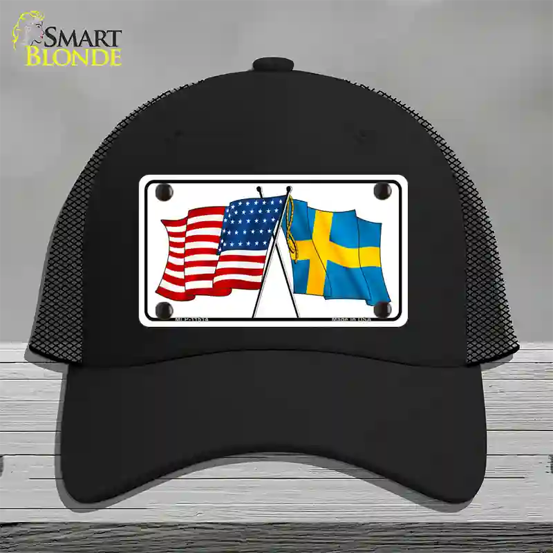 Sweden Crossed US Flag Novelty License Plate Hat Mesh / Black