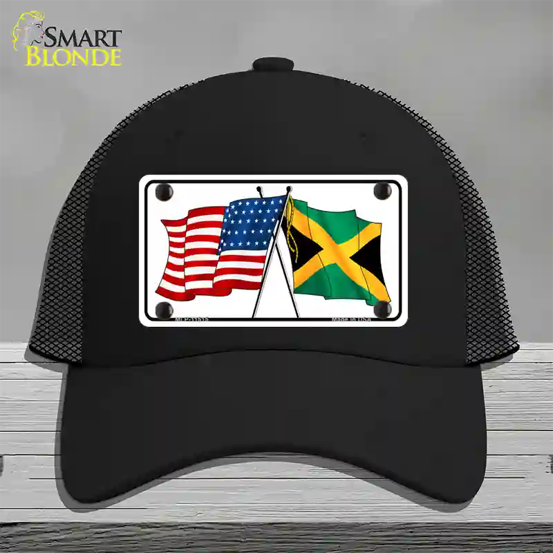 Jamaica Crossed US Flag Novelty License Plate Hat Mesh / Black