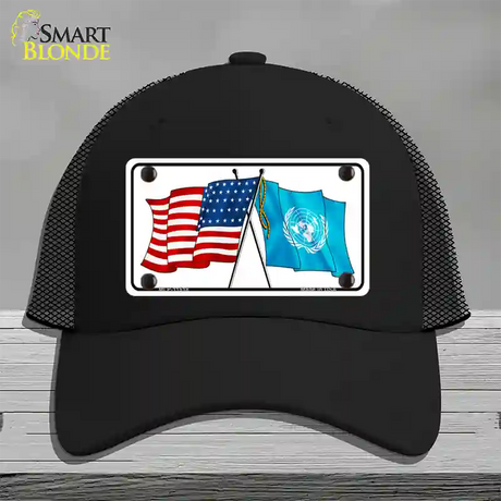 United Nation Crossed US Flag Novelty License Plate Hat Mesh / Black