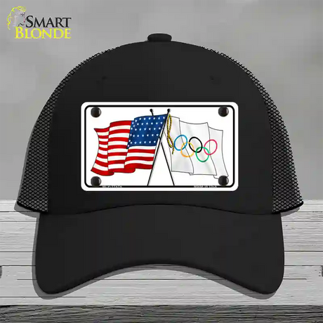 Olympic Crossed US Flag Novelty License Plate Hat Mesh / Black