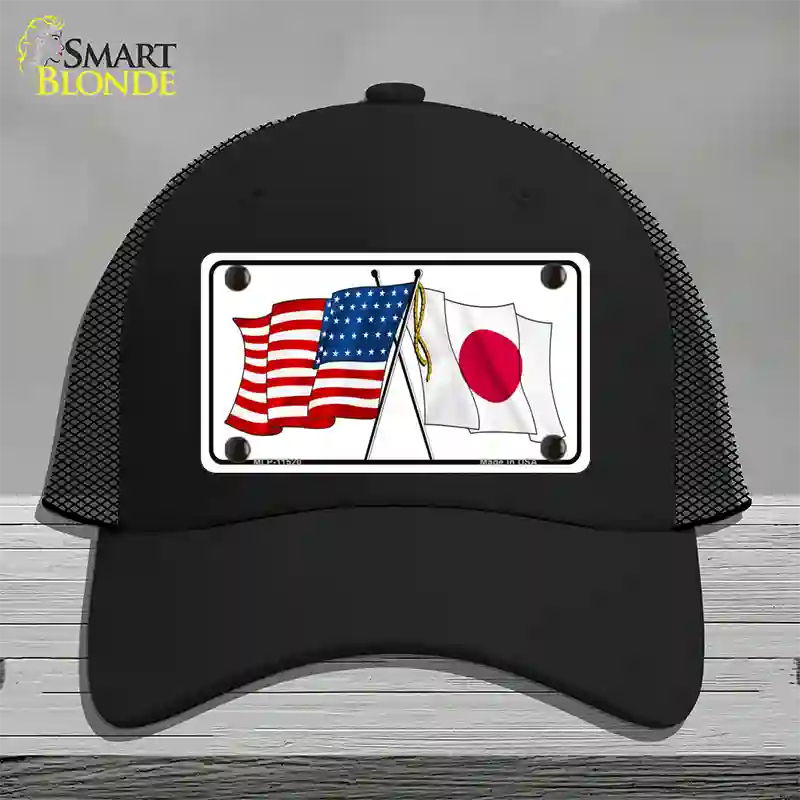 Japan Crossed US Flag Novelty License Plate Hat Mesh / Black