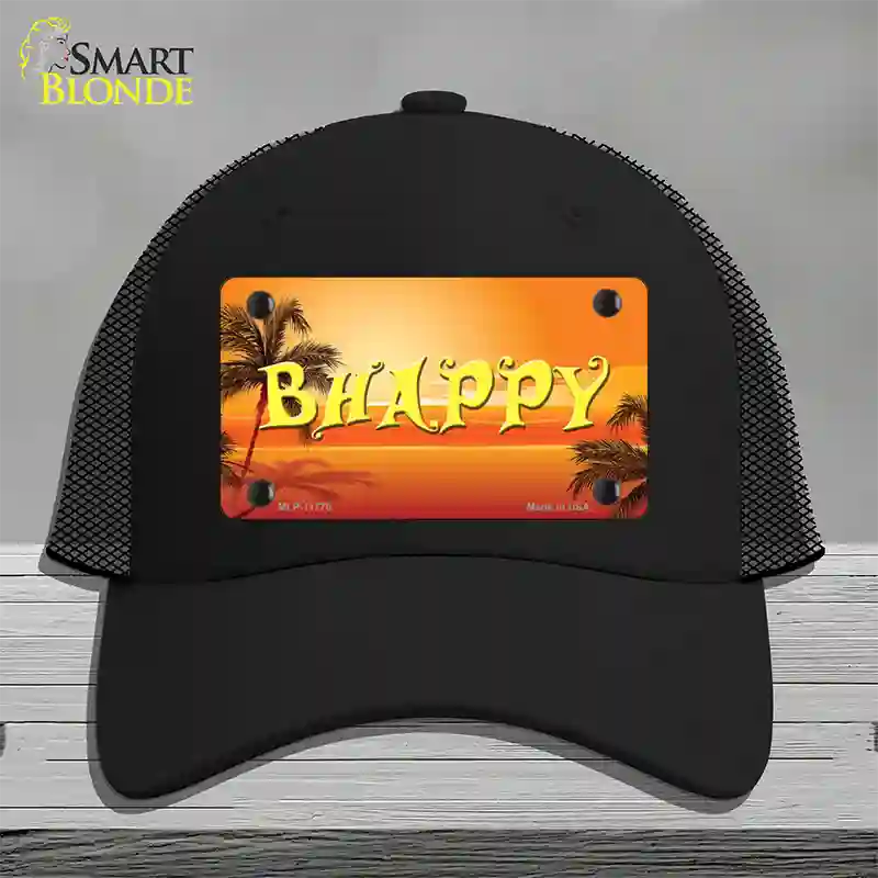 Be Happy Beach Scene Novelty License Plate Hat Mesh / Black