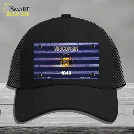 Wisconsin Corrugated Flag Novelty License Plate Hat Mesh / Black