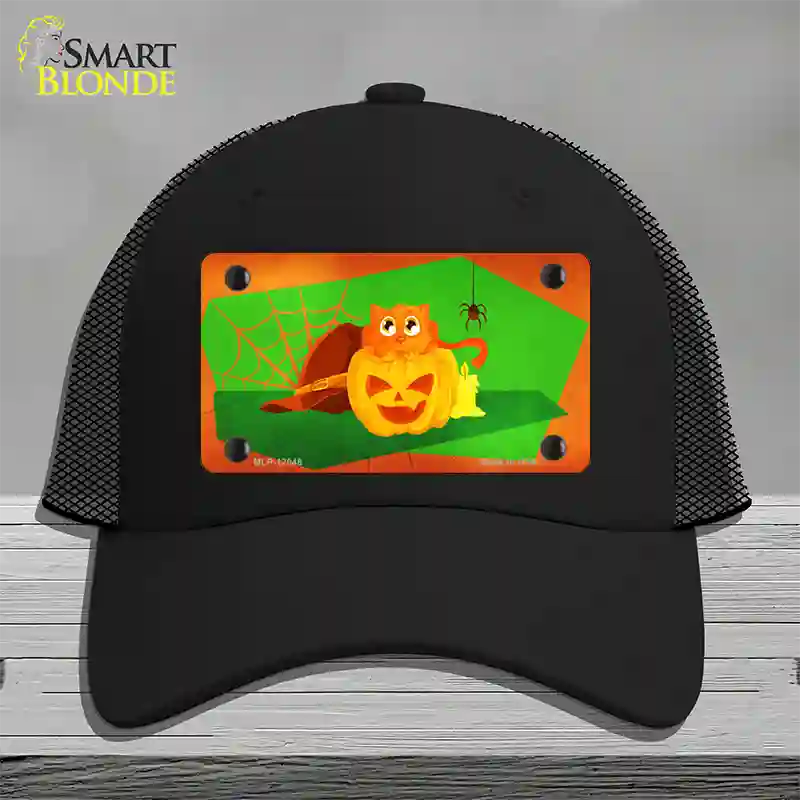 Pumpkin Kitty Novelty License Plate Hat Mesh / Black