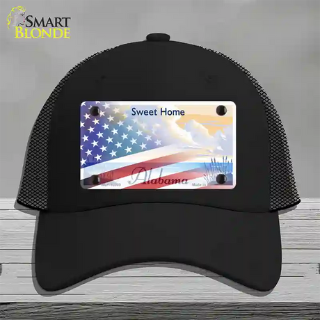 Alabama with American Flag Novelty License Plate Hat Black Mesh