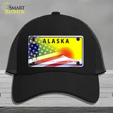 Alaska with American Flag Novelty License Plate Hat Black Mesh