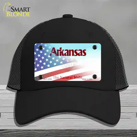 Arkansas with American Flag Novelty License Plate Hat Black Mesh