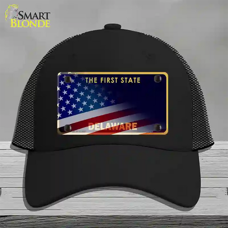 Delaware with American Flag Novelty License Plate Hat Mesh / Black