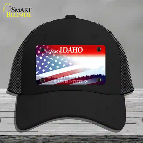 Idaho with American Flag Novelty License Plate Hat Mesh / Black