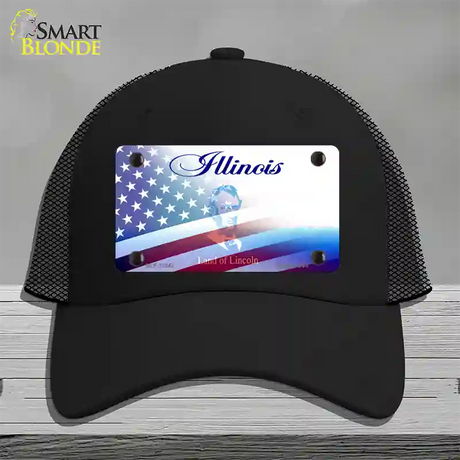 Illinois with American Flag Novelty License Plate Hat Mesh / Black