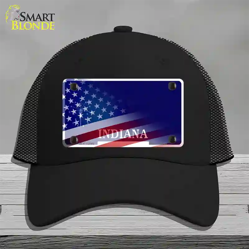 Indiana with American Flag Novelty License Plate Hat Mesh / Black