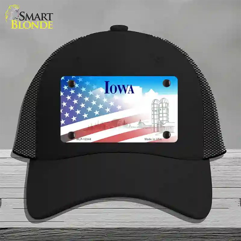 Iowa with American Flag Novelty License Plate Hat Mesh / Black