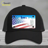 Iowa with American Flag Novelty License Plate Hat Mesh / Black