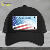 Kansas with American Flag Novelty License Plate Hat Mesh / Black