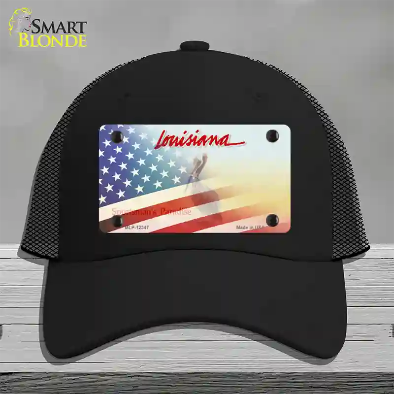 Louisiana with American Flag Novelty License Plate Hat Mesh / Black