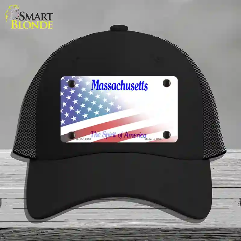 Massachusetts with American Flag Novelty License Plate Hat Mesh / Black