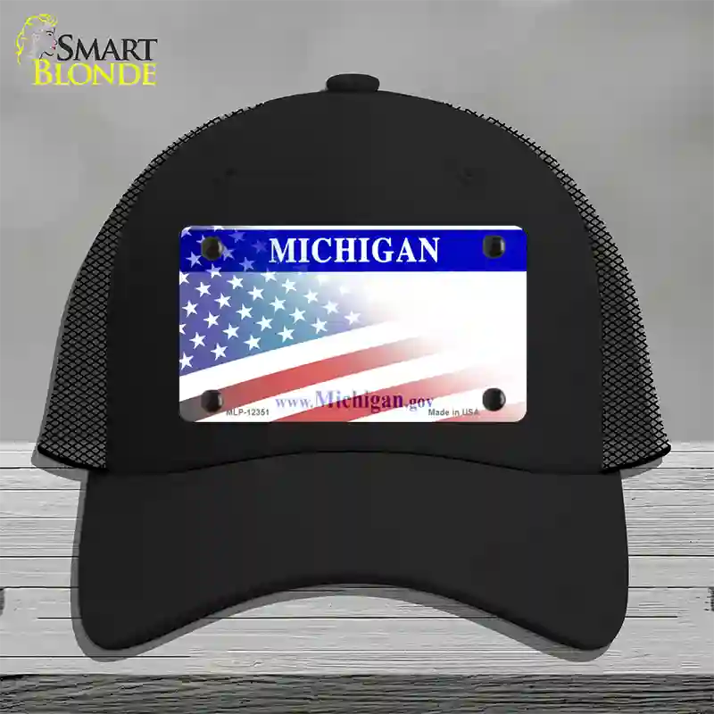 Michigan with American Flag Novelty License Plate Hat Mesh / Black