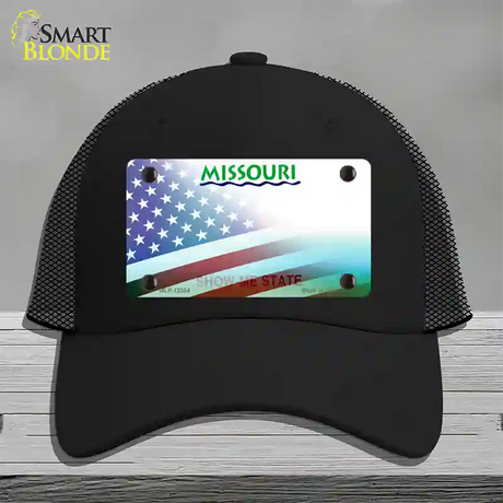 Missouri with American Flag Novelty License Plate Hat Mesh / Black