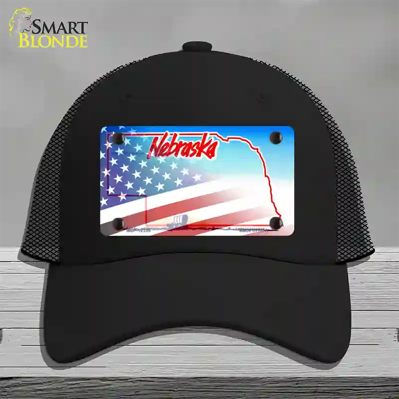 Nebraska with American Flag Novelty License Plate Hat Mesh / Black