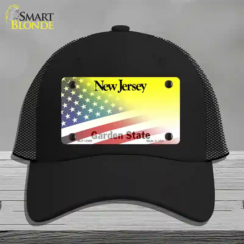 New Jersey with American Flag Novelty License Plate Hat Mesh / Black