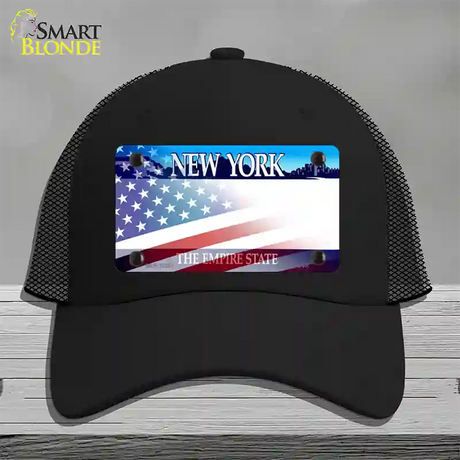 New York with American Flag Novelty License Plate Hat Mesh / Black