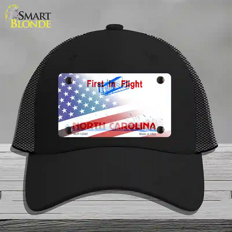 North Carolina with American Flag Novelty License Plate Hat Mesh / Black