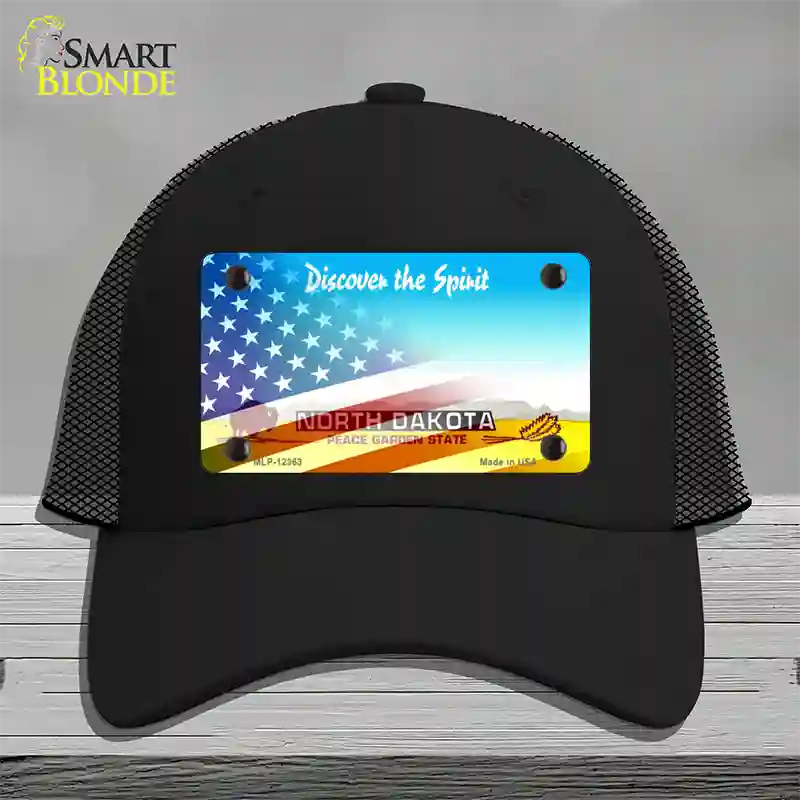 North Dakota with American Flag Novelty License Plate Hat Mesh / Black