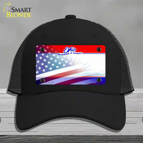 Ohio with American Flag Novelty License Plate Hat Mesh / Black