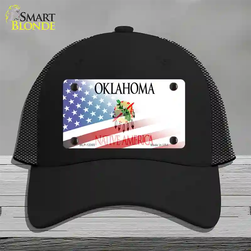 Oklahoma with American Flag Novelty License Plate Hat Mesh / Black