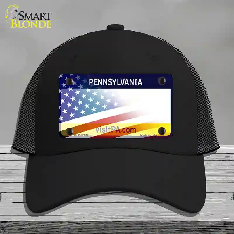 Pennsylvania with American Flag Novelty License Plate Hat Mesh / Black